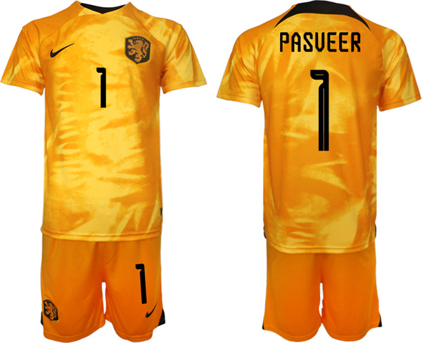 Men's Netherlands #1 Pasveer Orange Home Soccer Jersey Suit
